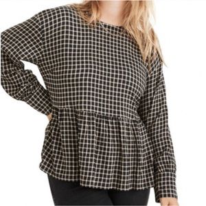 Madewell Long Sleeve Peplum Button Back Top in Plaid XS